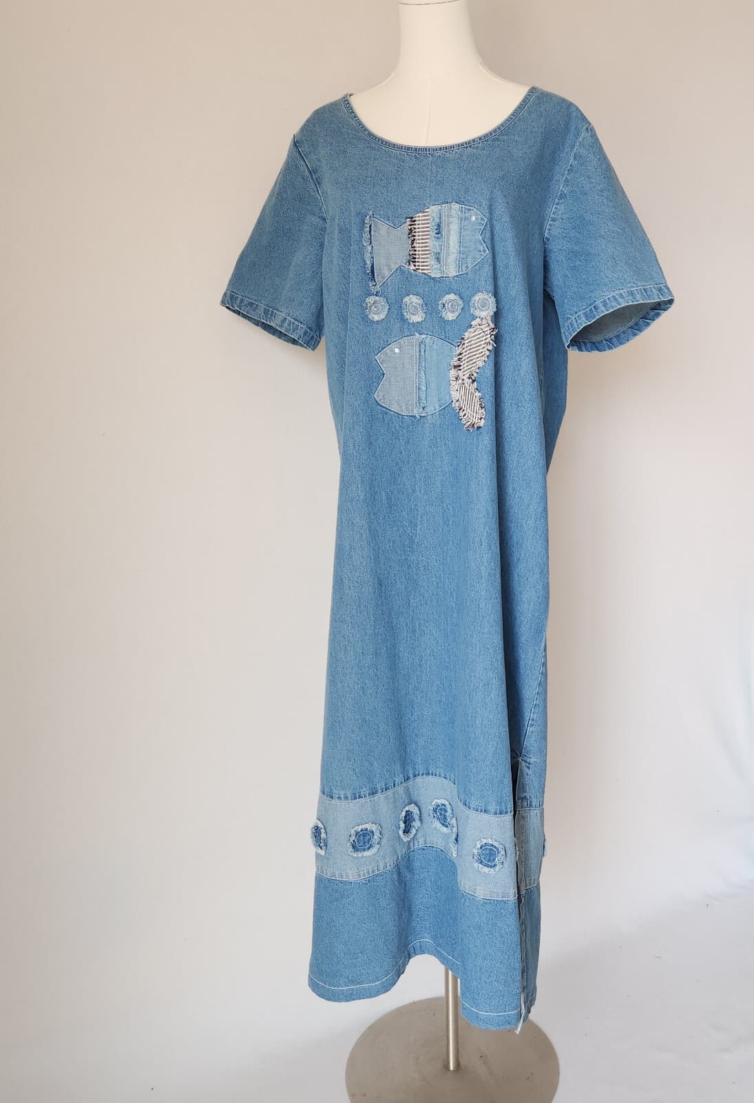 Vintage Draper's & Damon's Fish Appliqué Denim Midi Dress Short Sleeve Cotton L - Thumbnail 4