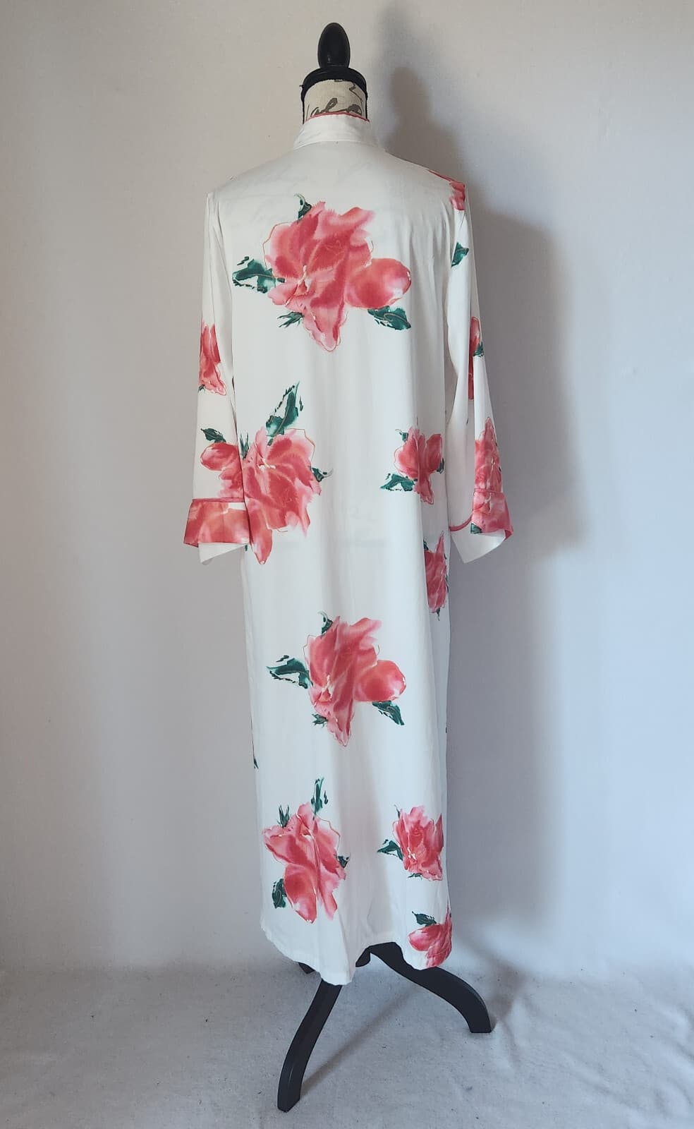 Vintage Natori Classics Satin Floral Maxi Caftan Nightgown Front-Zip White Sz.S - Thumbnail 4