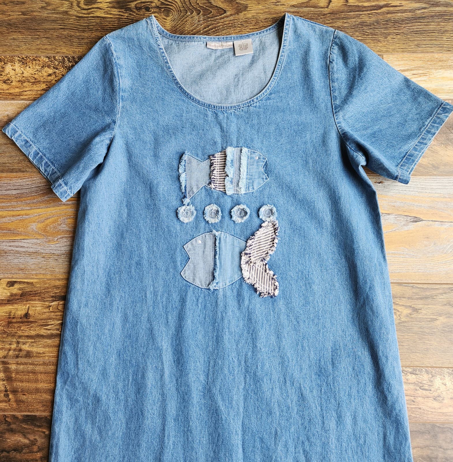 Vintage Draper's & Damon's Fish Appliqué Denim Midi Dress Short Sleeve Cotton L - Thumbnail 3