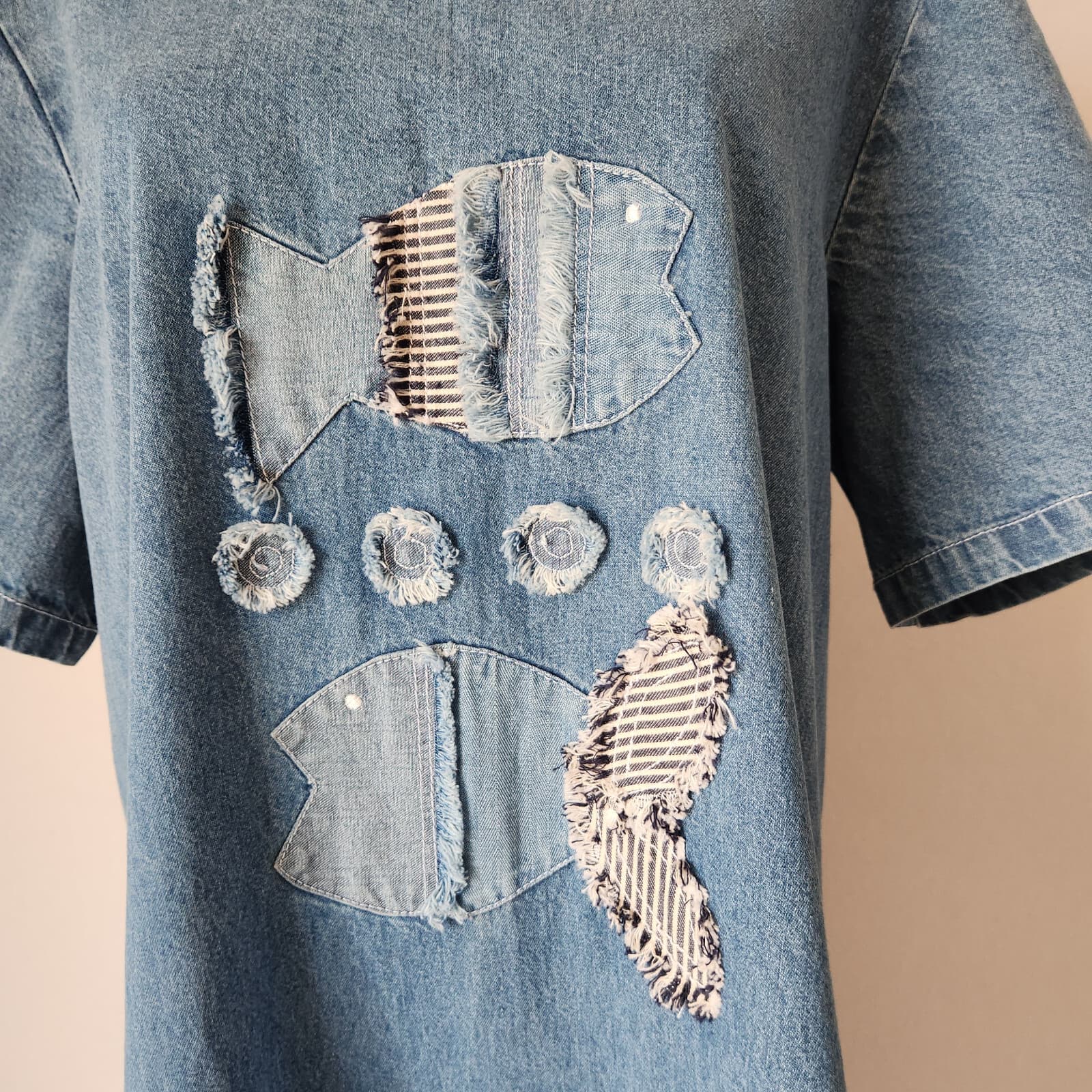 Vintage Draper's & Damon's Fish Appliqué Denim Midi Dress Short Sleeve Cotton L - Thumbnail 5