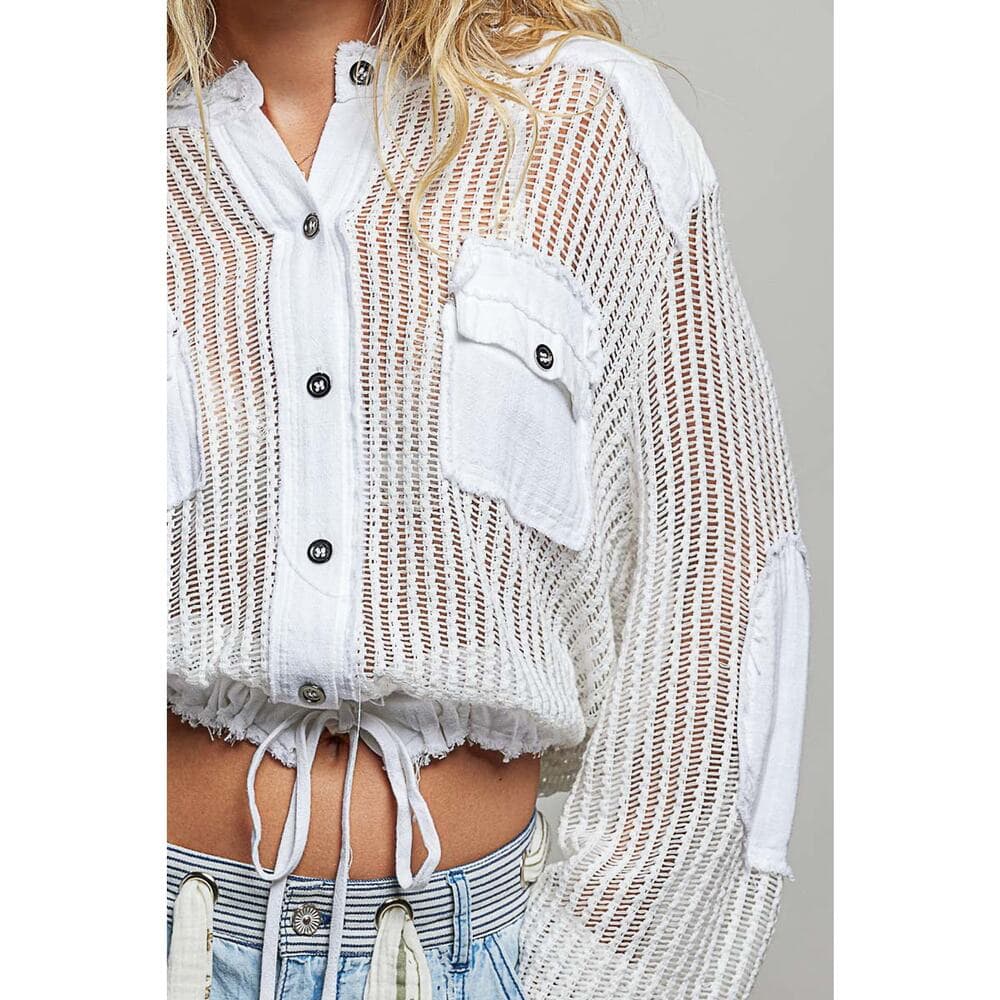 POL Open Knit Button Down Pocket Front Hooded Shirt Top - Thumbnail 5
