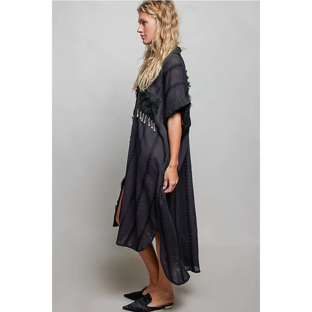 POL Dangle Trim Textured Cotton Oversized Long Shirt Dress - Cream - Thumbnail 9