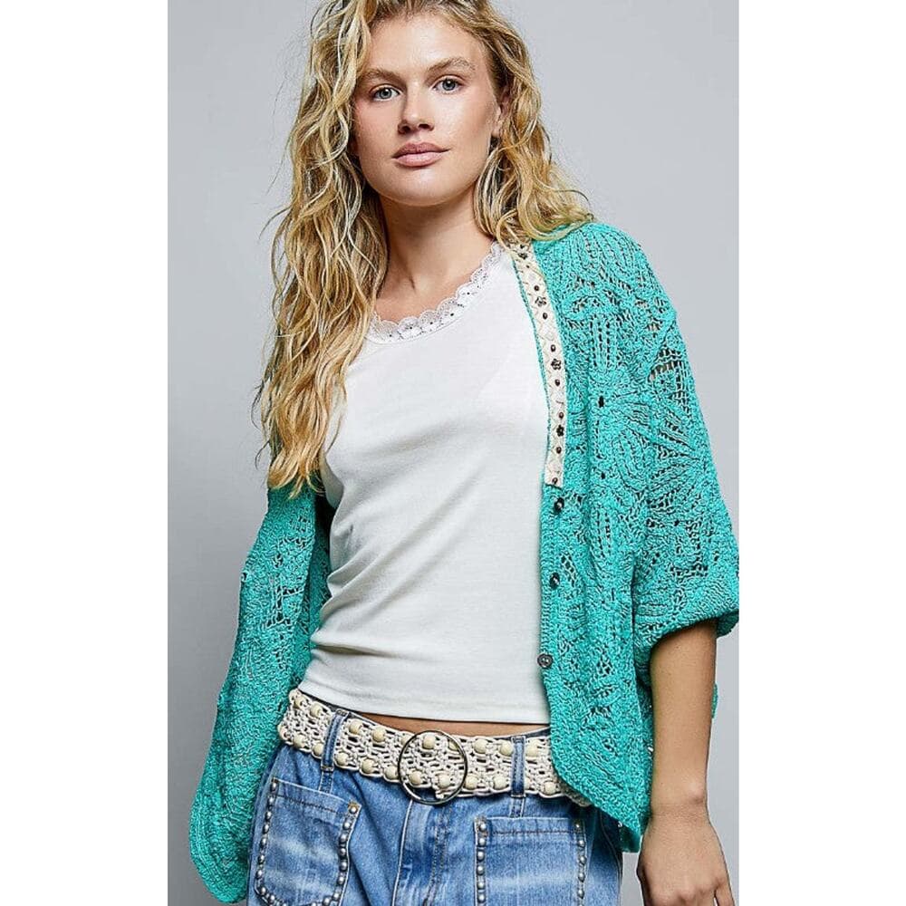 POL Elegant Crochet Cardigan - Black - Thumbnail 6