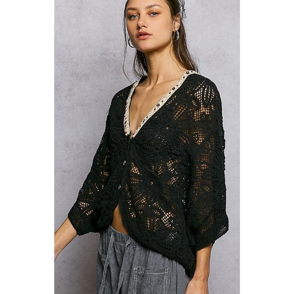 POL Elegant Crochet Cardigan - Black - Thumbnail 3
