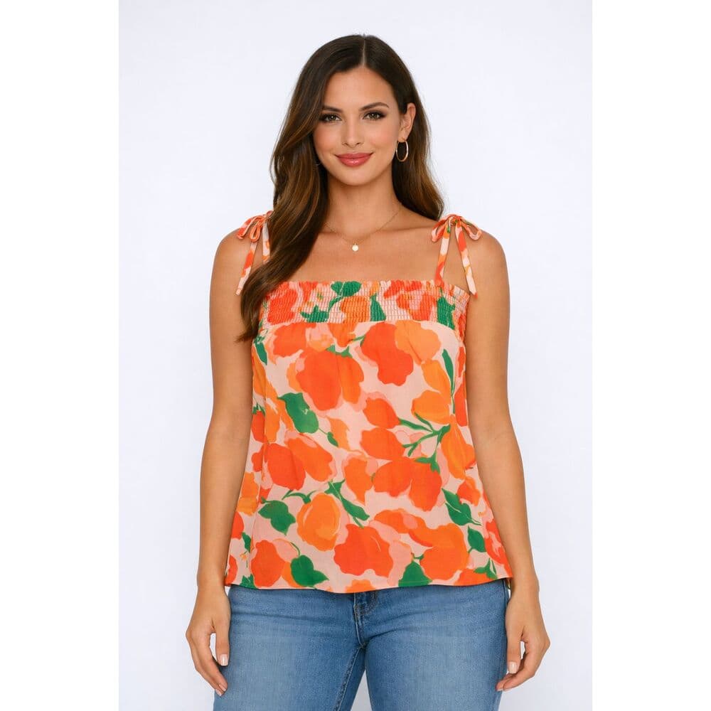 Sunset Bloom Smocked Tie‑Strap Top