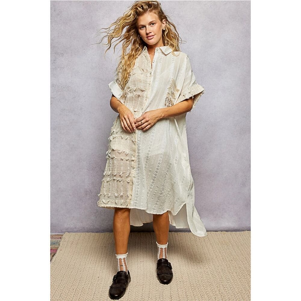 POL Dangle Trim Textured Cotton Oversized Long Shirt Dress - Cream - Thumbnail 4