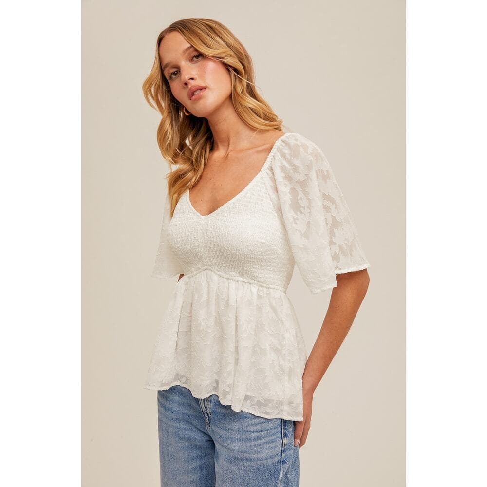 V-neck Flutter Sleeve Smocked Peplum Top - Thumbnail 2
