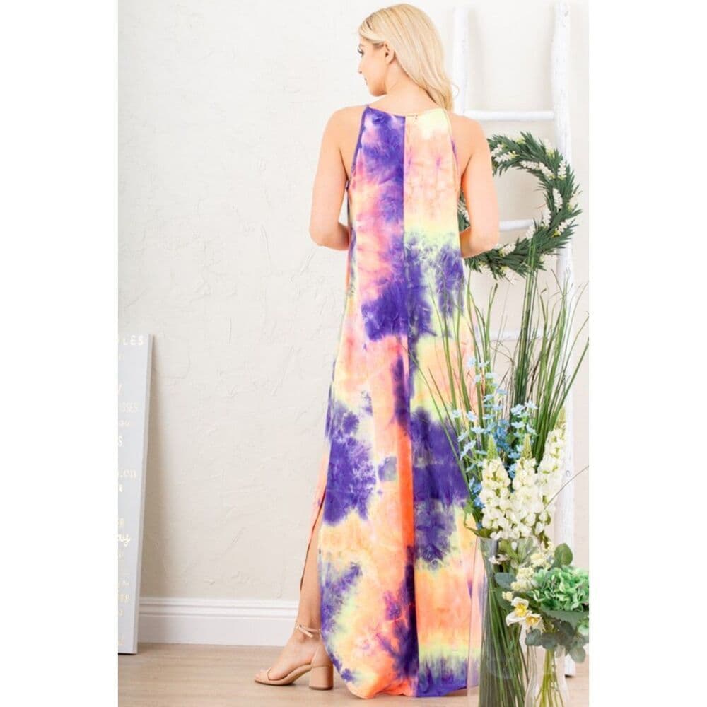 Multi Color Tie Dye Maxi Dress with Side Slit - Thumbnail 2