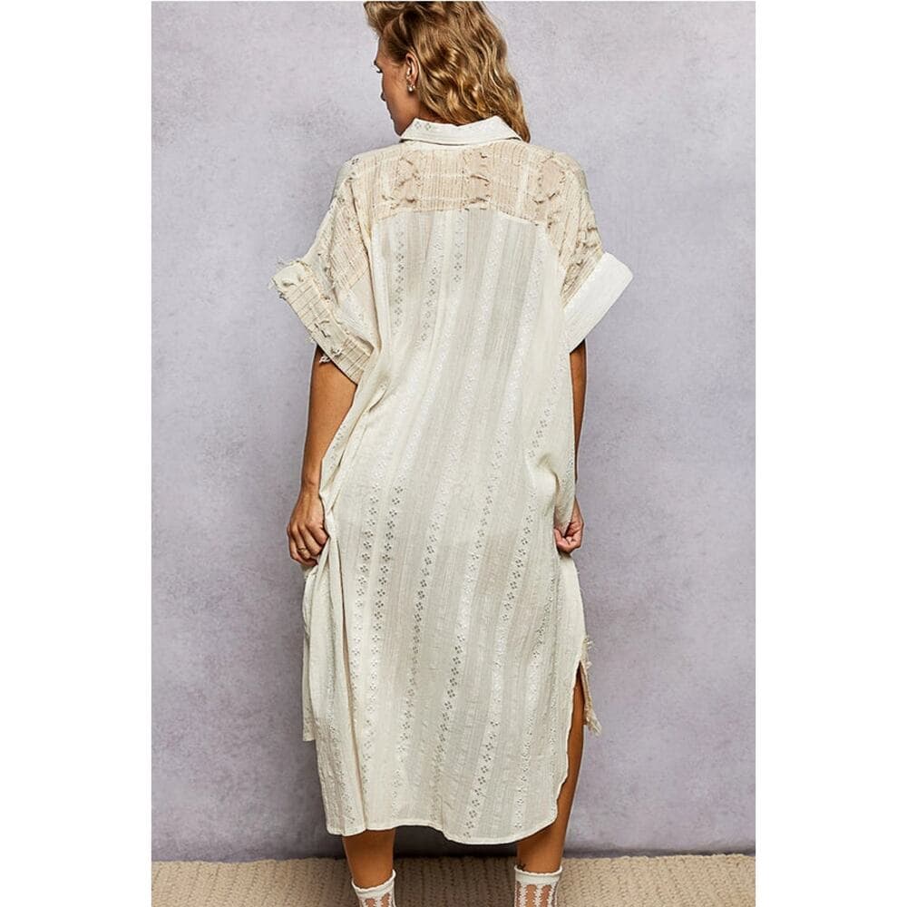 POL Dangle Trim Textured Cotton Oversized Long Shirt Dress - Cream - Thumbnail 3