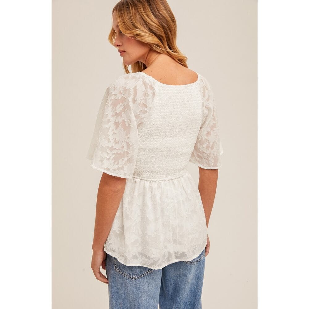 V-neck Flutter Sleeve Smocked Peplum Top - Thumbnail 3