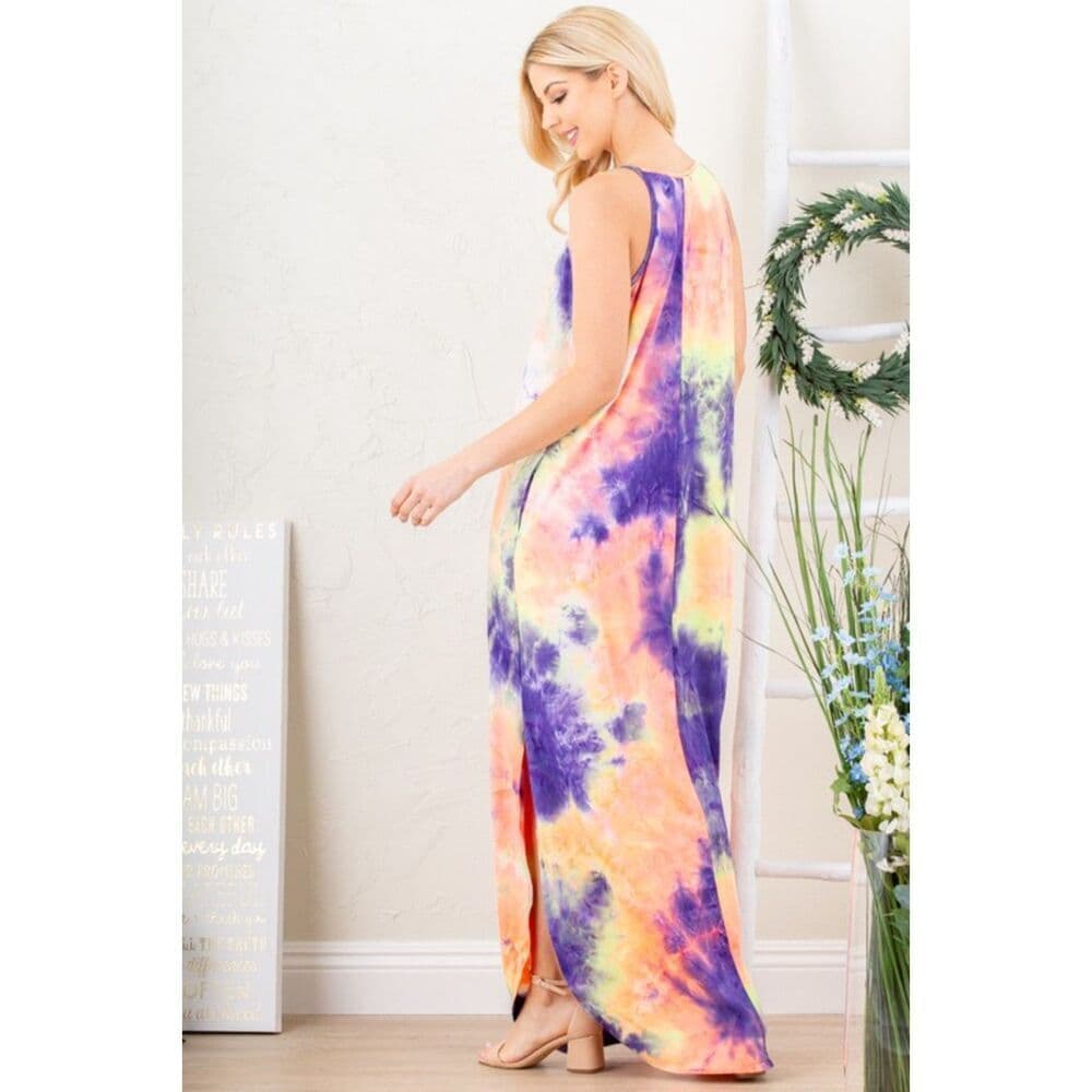 Multi Color Tie Dye Maxi Dress with Side Slit - Thumbnail 3