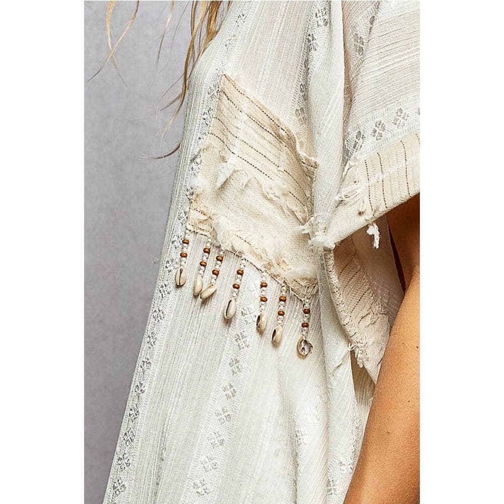 POL Dangle Trim Textured Cotton Oversized Long Shirt Dress - Cream - Thumbnail 5