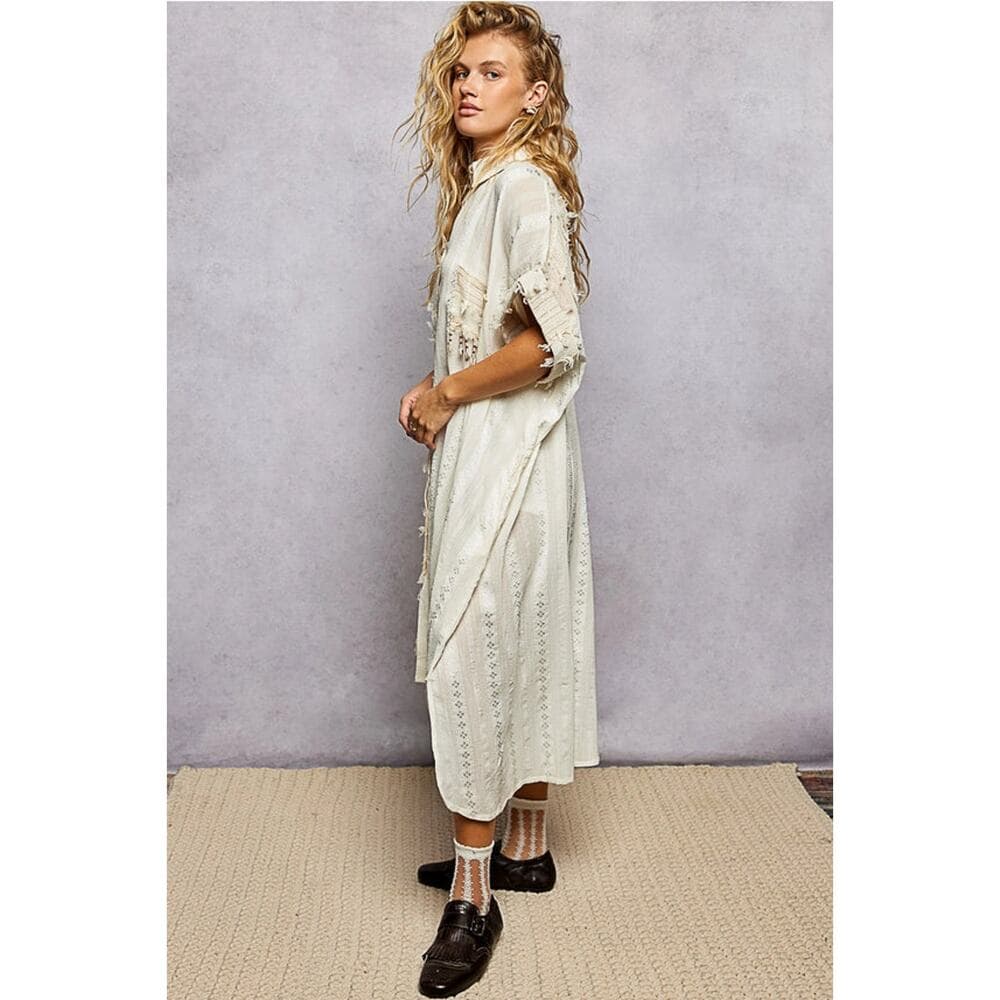 POL Dangle Trim Textured Cotton Oversized Long Shirt Dress - Cream - Thumbnail 2