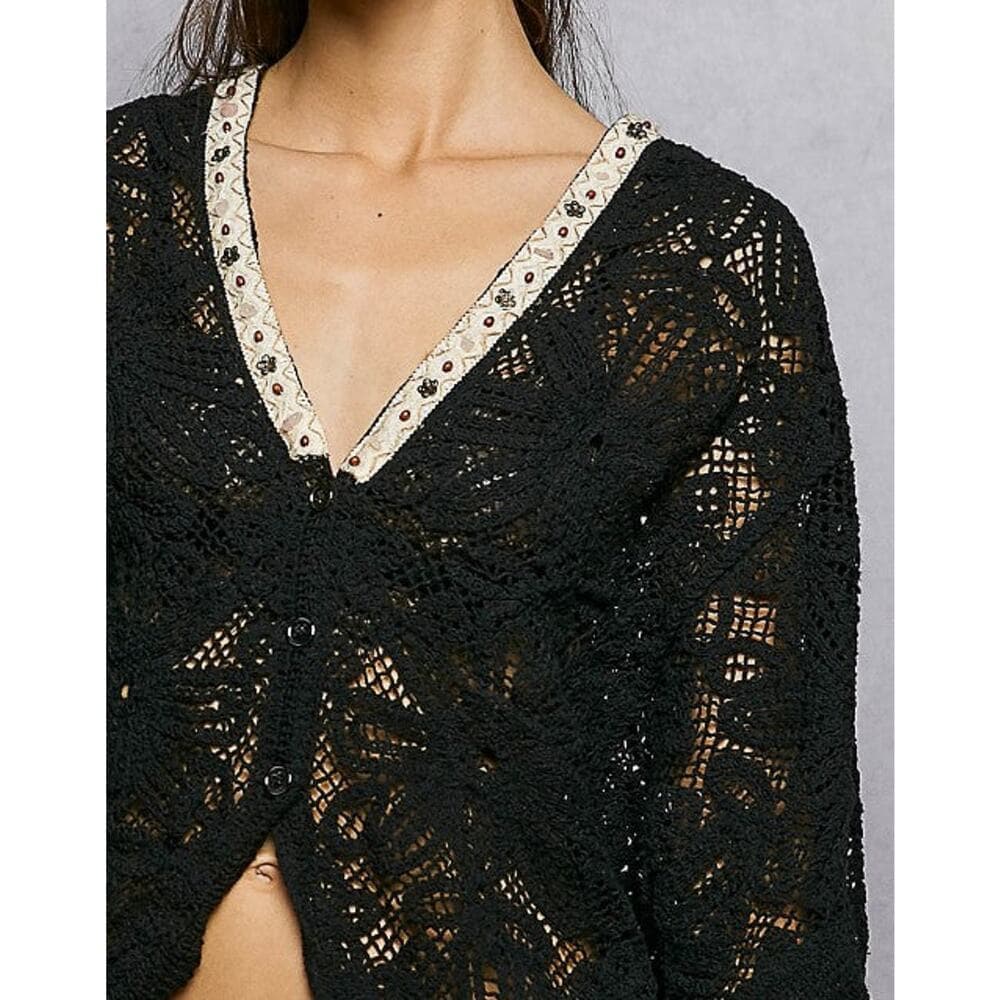 POL Elegant Crochet Cardigan - Black - Thumbnail 4