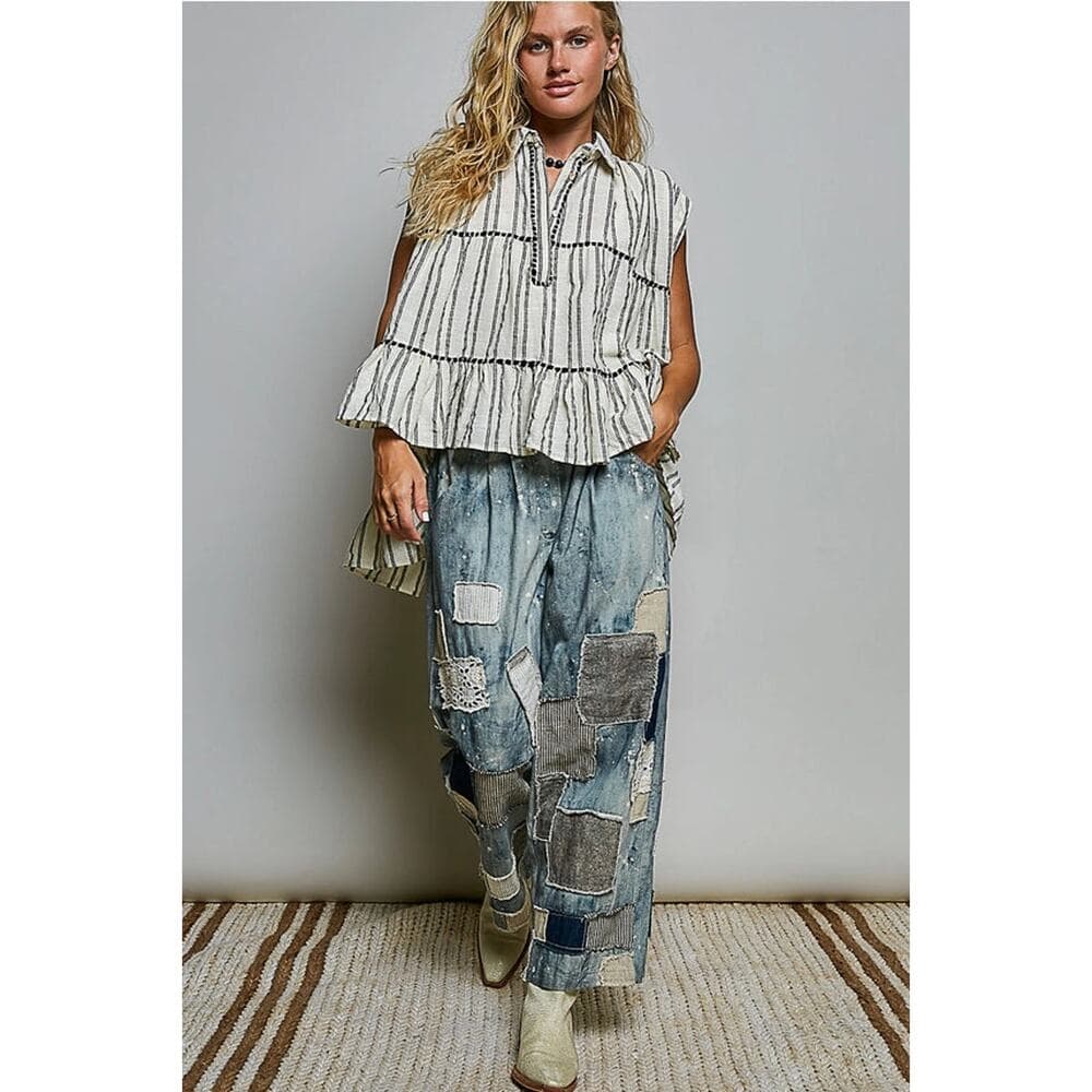 POL Collared Neck Stripe Soft Ruffle Stitch Sleeveless Shirt Top - Thumbnail 5