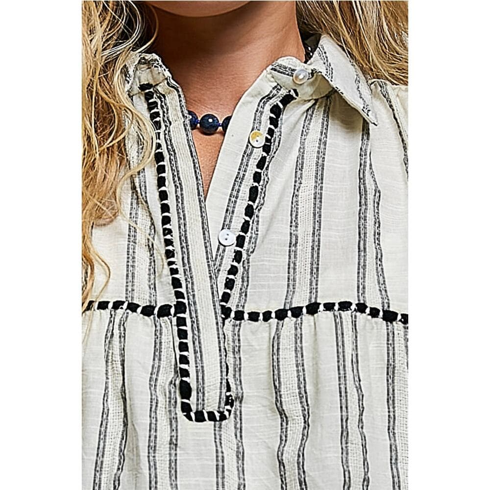 POL Collared Neck Stripe Soft Ruffle Stitch Sleeveless Shirt Top - Thumbnail 6