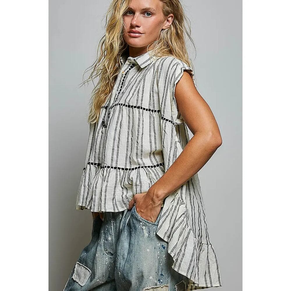 POL Collared Neck Stripe Soft Ruffle Stitch Sleeveless Shirt Top - Thumbnail 3