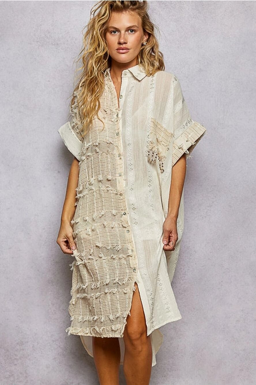 POL Dangle Trim Textured Cotton Oversized Long Shirt Dress - Cream