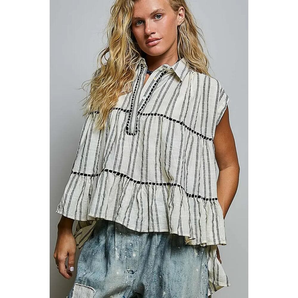 POL Collared Neck Stripe Soft Ruffle Stitch Sleeveless Shirt Top - Thumbnail 2