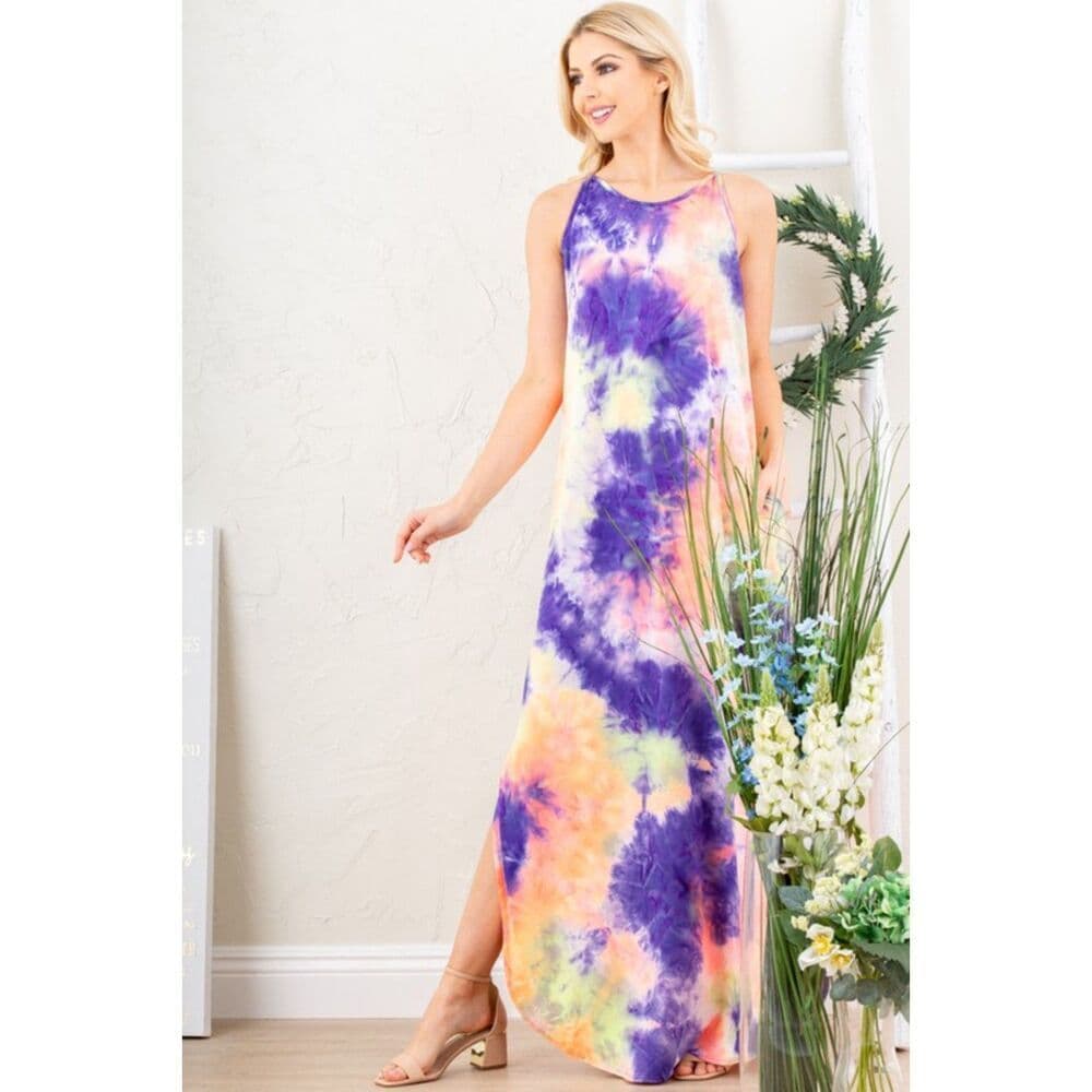 Multi Color Tie Dye Maxi Dress with Side Slit - Thumbnail 4