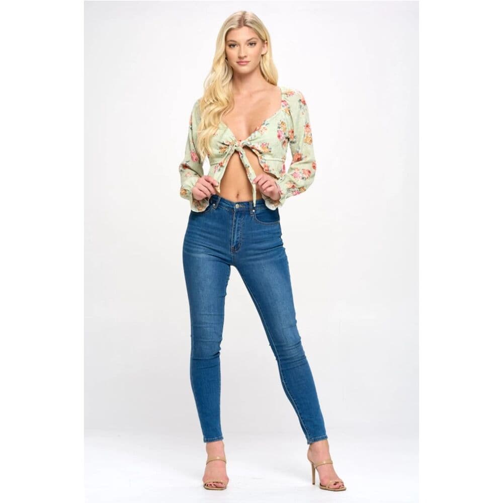 Crop Blouse Cardian Top Tie Front Long Sleeve - Thumbnail 2