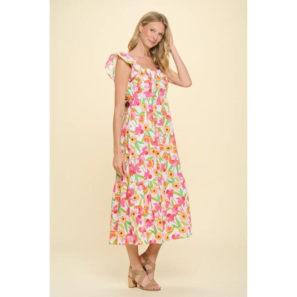 Square Neck Flutter Sleeve Maxi Dress - Thumbnail 3