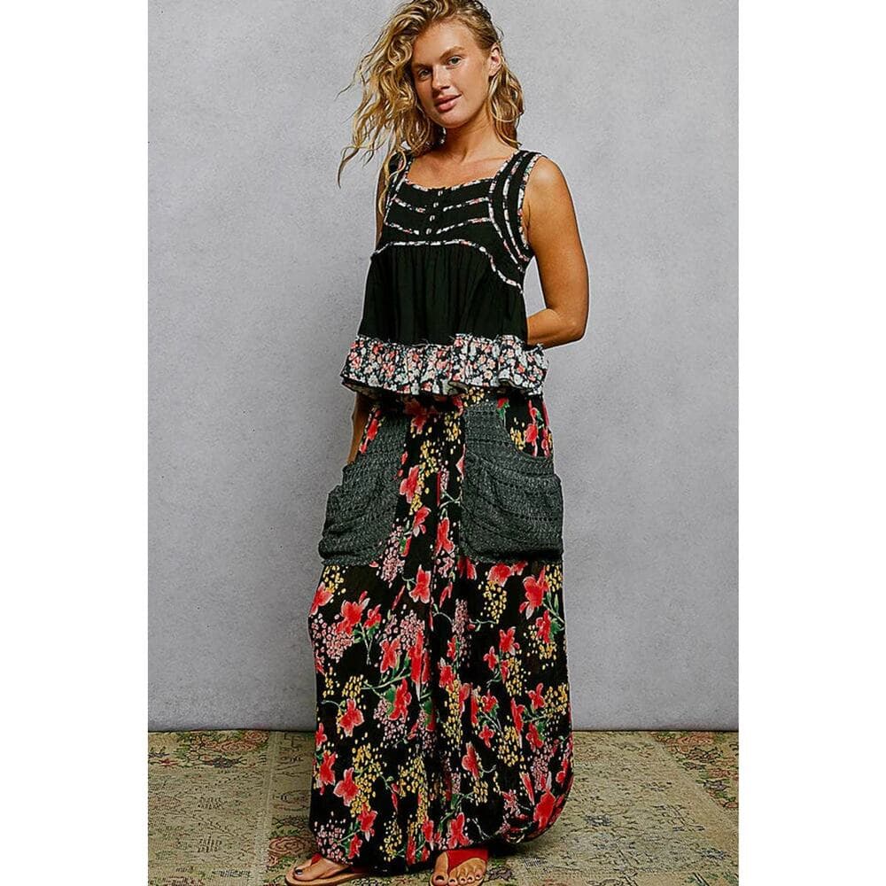 POL Square Neck Jersey Floral Trim Boho Tank Top - Pale Sky - Thumbnail 8