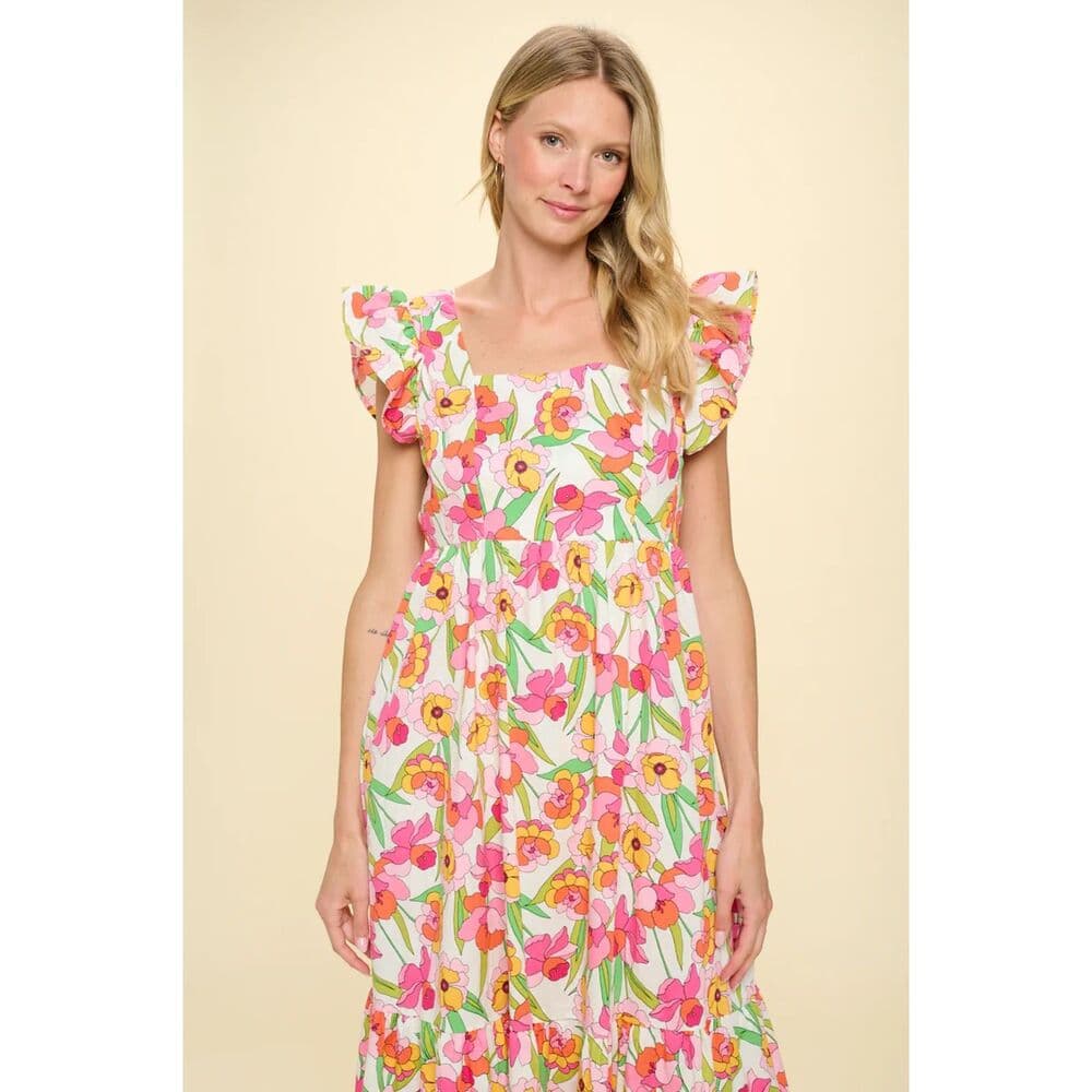 Square Neck Flutter Sleeve Maxi Dress - Thumbnail 4