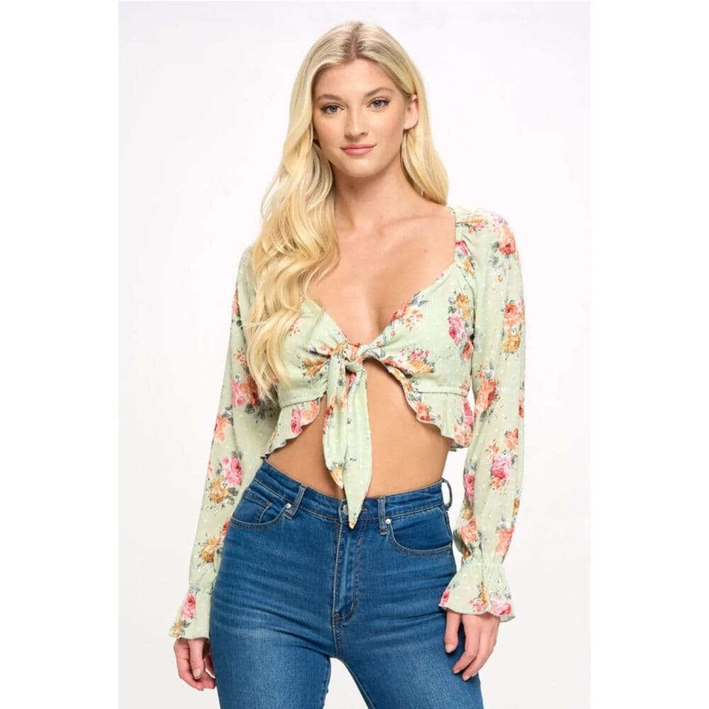 Crop Blouse Cardian Top Tie Front Long Sleeve - Thumbnail 5