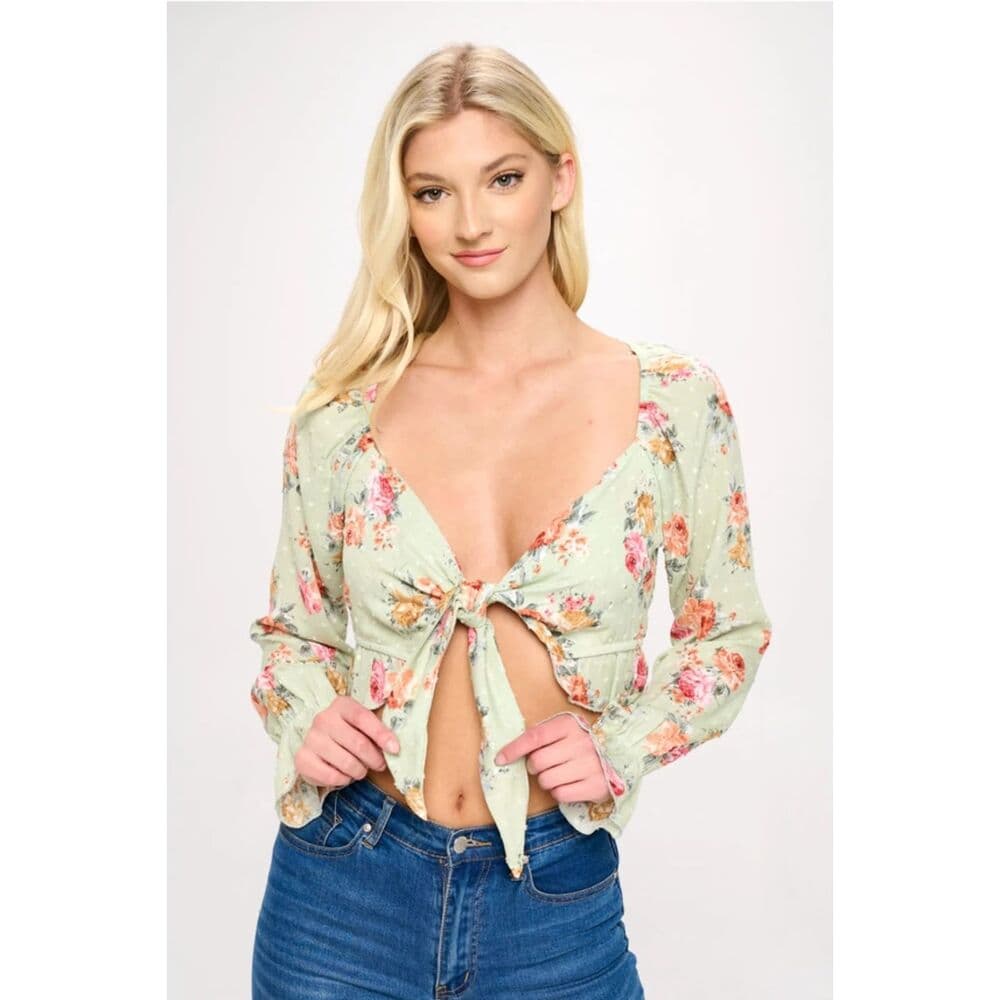 Crop Blouse Cardian Top Tie Front Long Sleeve - Thumbnail 3
