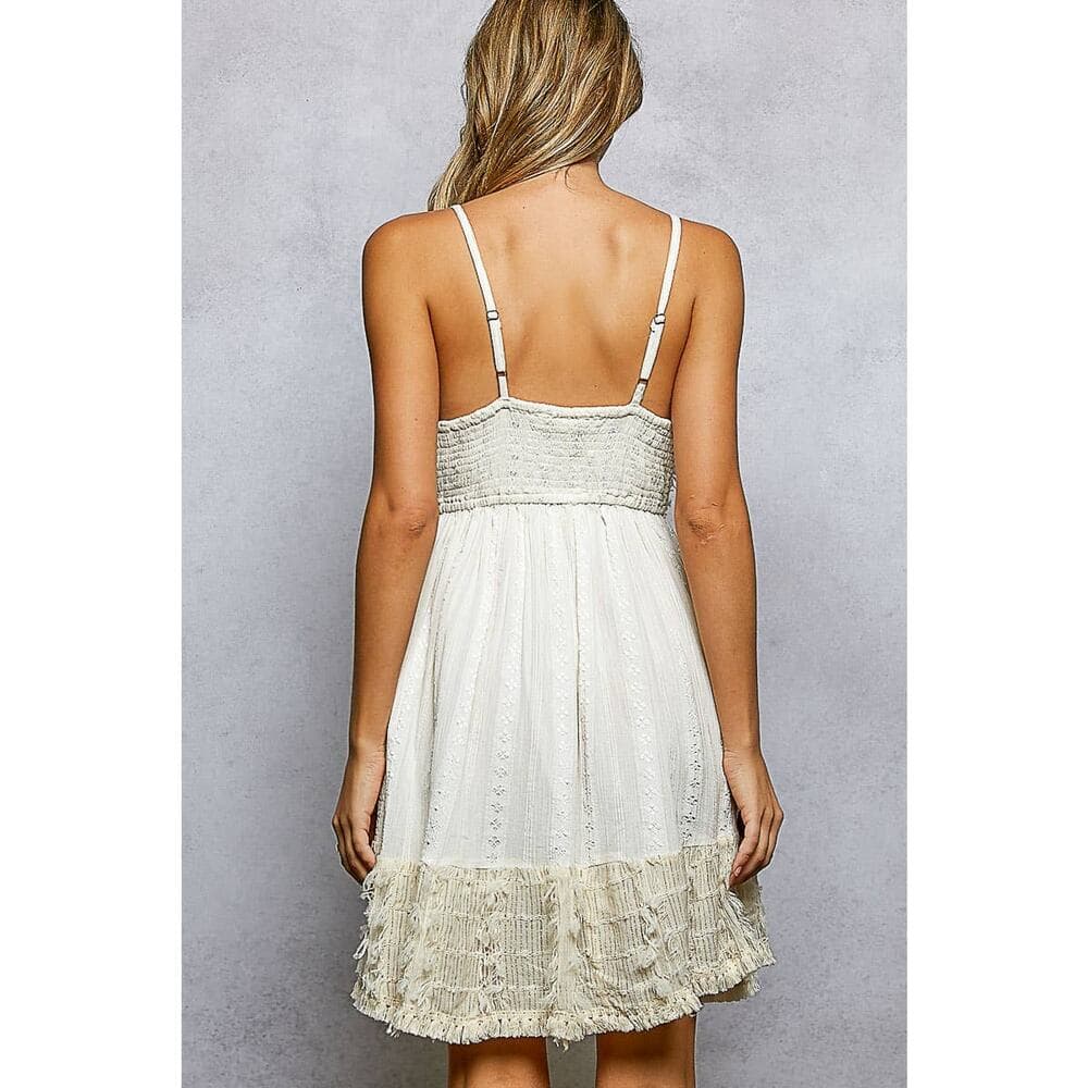 POL V-Neck Viscose Tiered Tassel Trim Wooden Bead Smocked Dress - Thumbnail 2