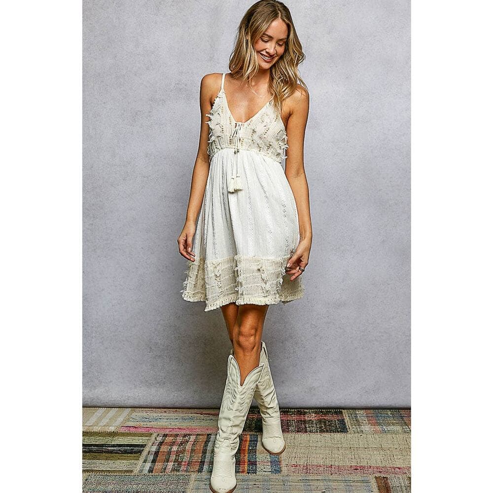 POL V-Neck Viscose Tiered Tassel Trim Wooden Bead Smocked Dress - Thumbnail 4