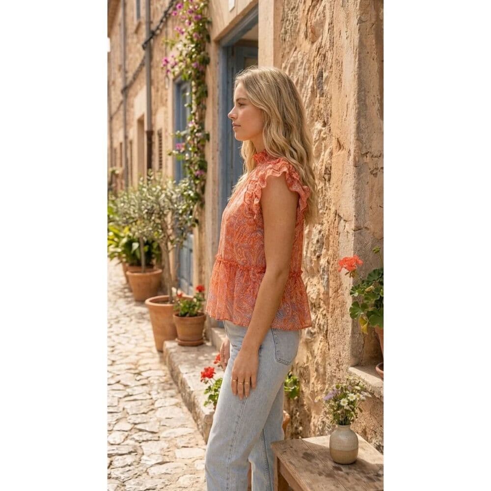 Hi Neck Ruffle Hi Low Hem Blouse Top with Chiffon - Thumbnail 2