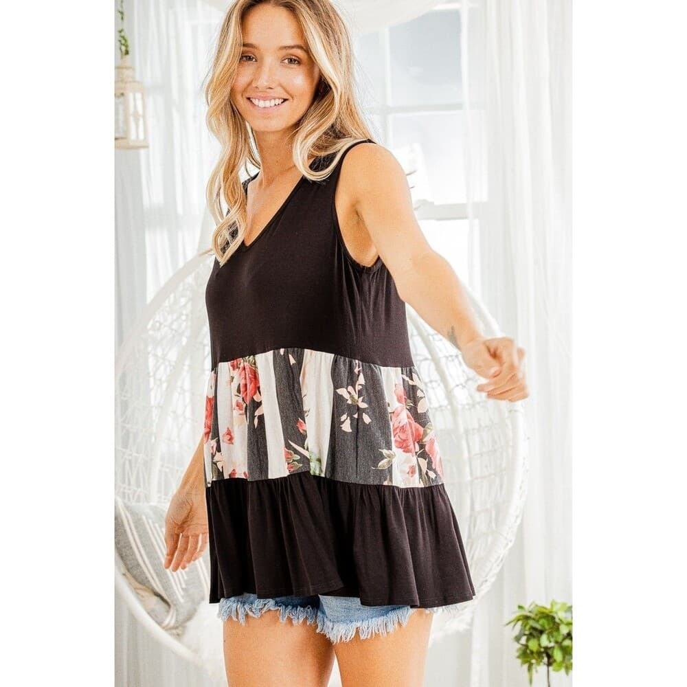 Black and Floral Print Sleeveless Top - Thumbnail 6