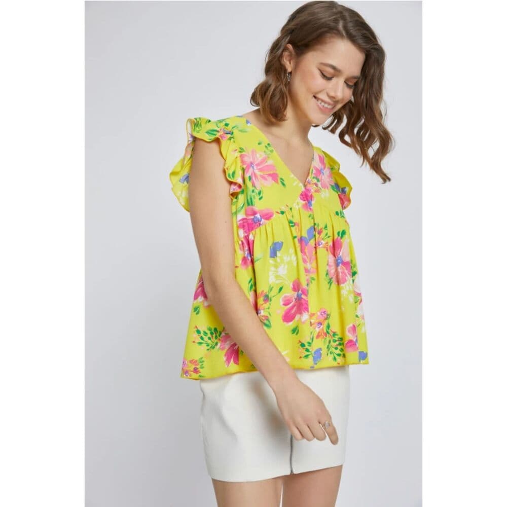 Flutter Sleeve Babydoll Short Sleeve Top in Yellow - Thumbnail 4