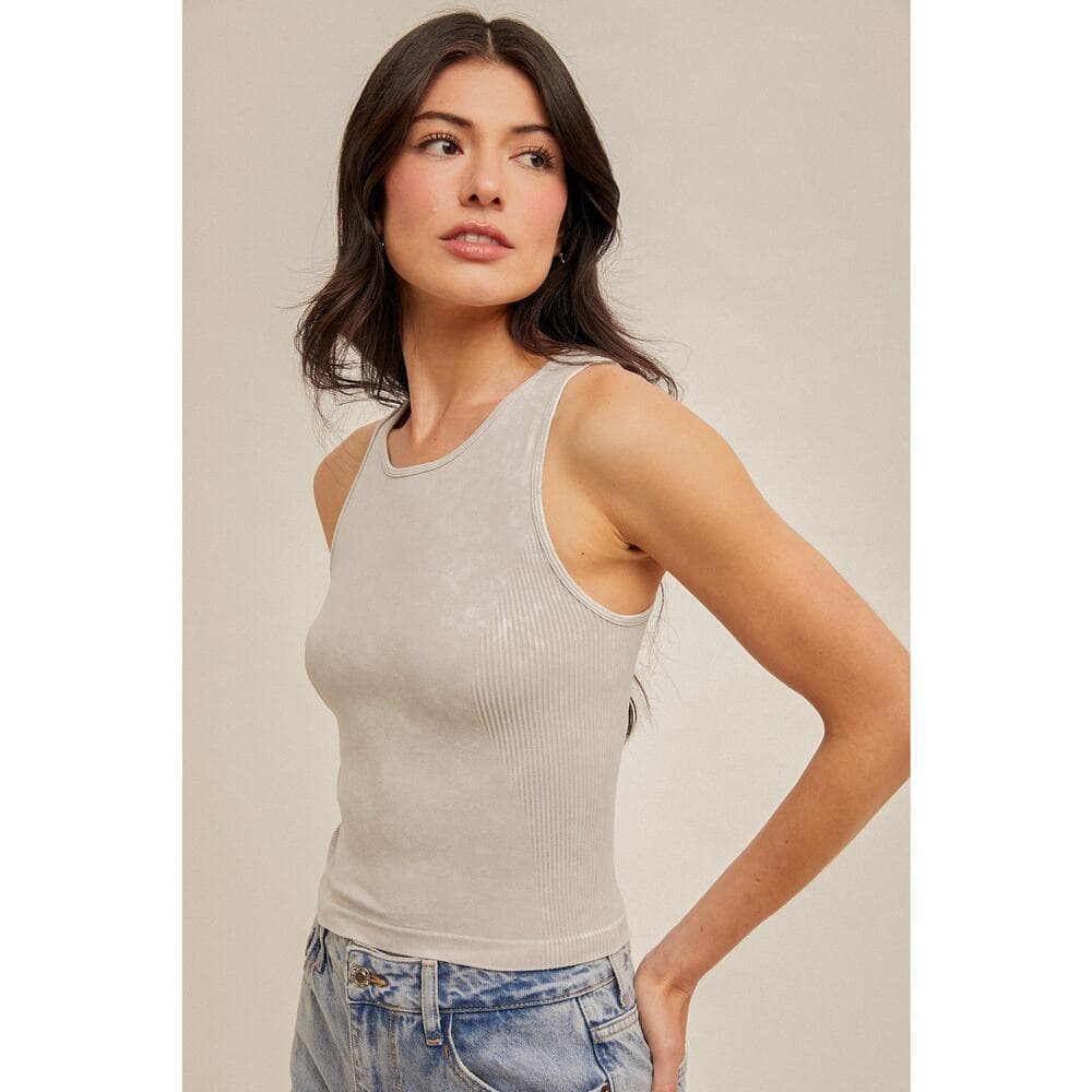 Mineral Washed Round Neck Seamless Tank Top - Thumbnail 2
