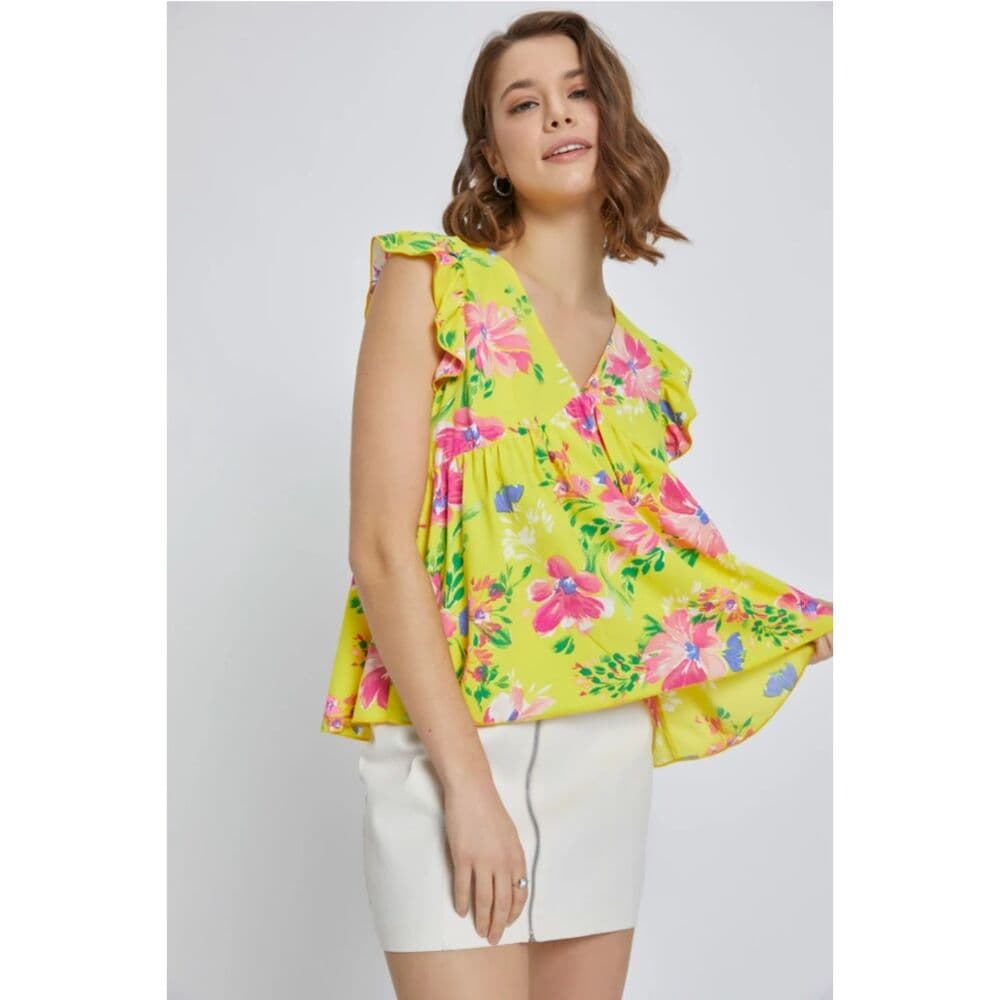 Flutter Sleeve Babydoll Short Sleeve Top in Yellow
