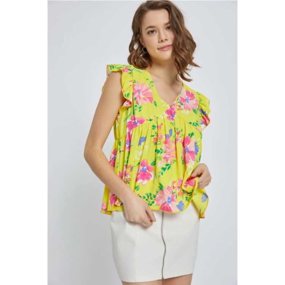Flutter Sleeve Babydoll Short Sleeve Top in Yellow - Thumbnail 2
