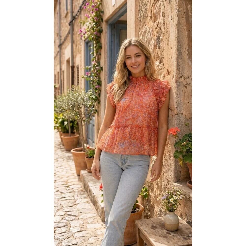 Hi Neck Ruffle Hi Low Hem Blouse Top with Chiffon