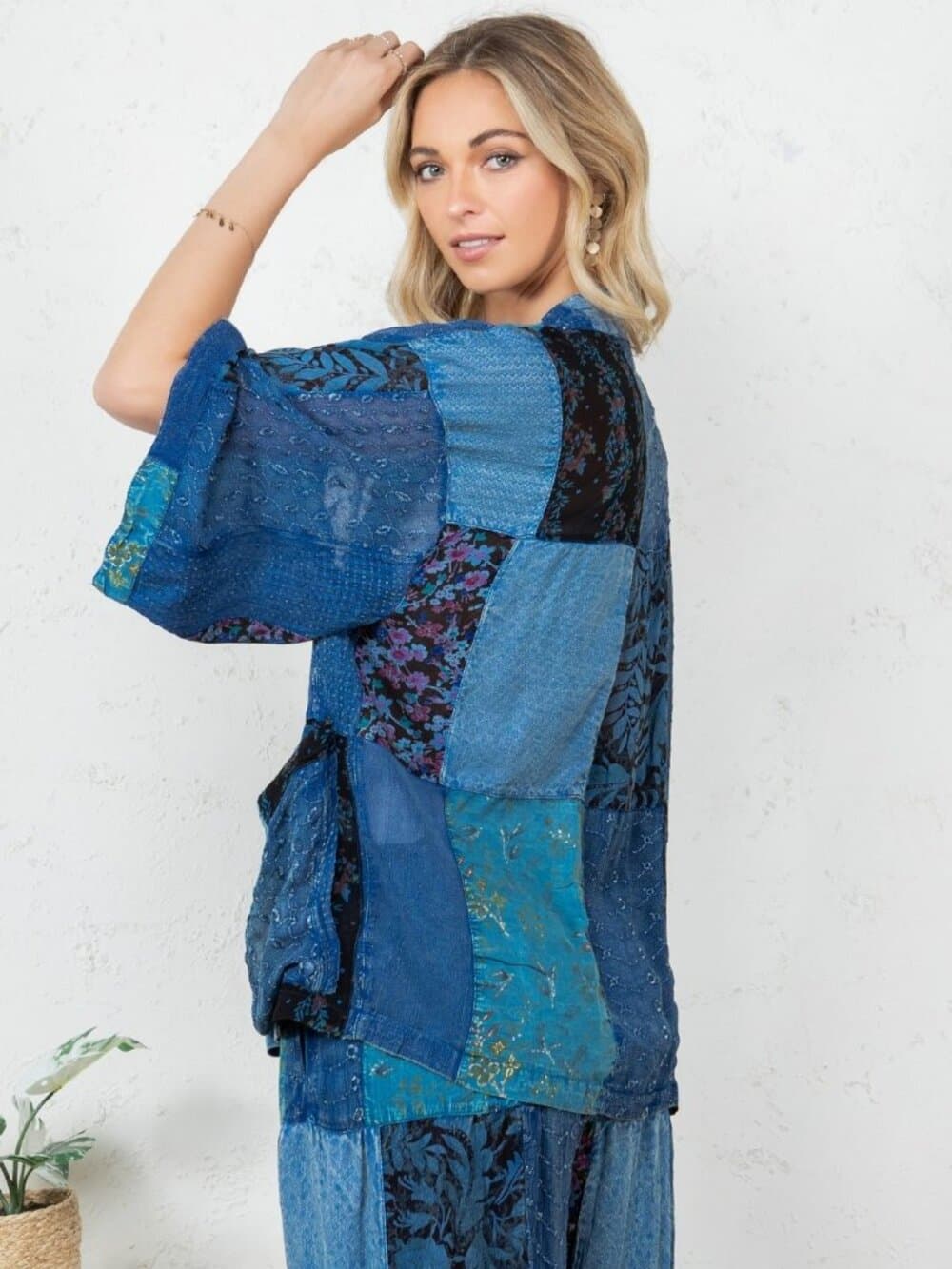 Western Kimono Top In Overdyed Mix N Match Patches - Thumbnail 2