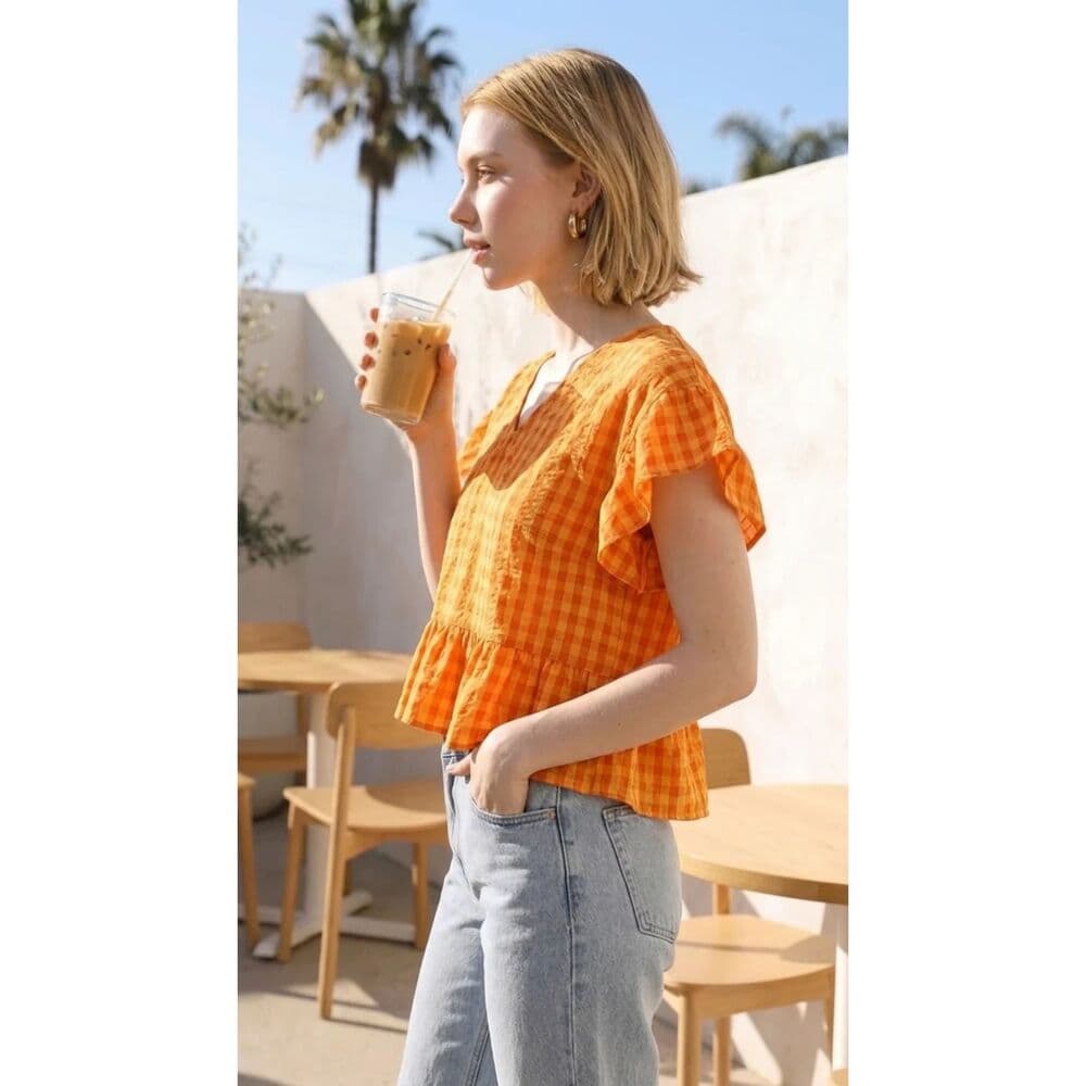 Orange Gingham Peplum Top - Thumbnail 3