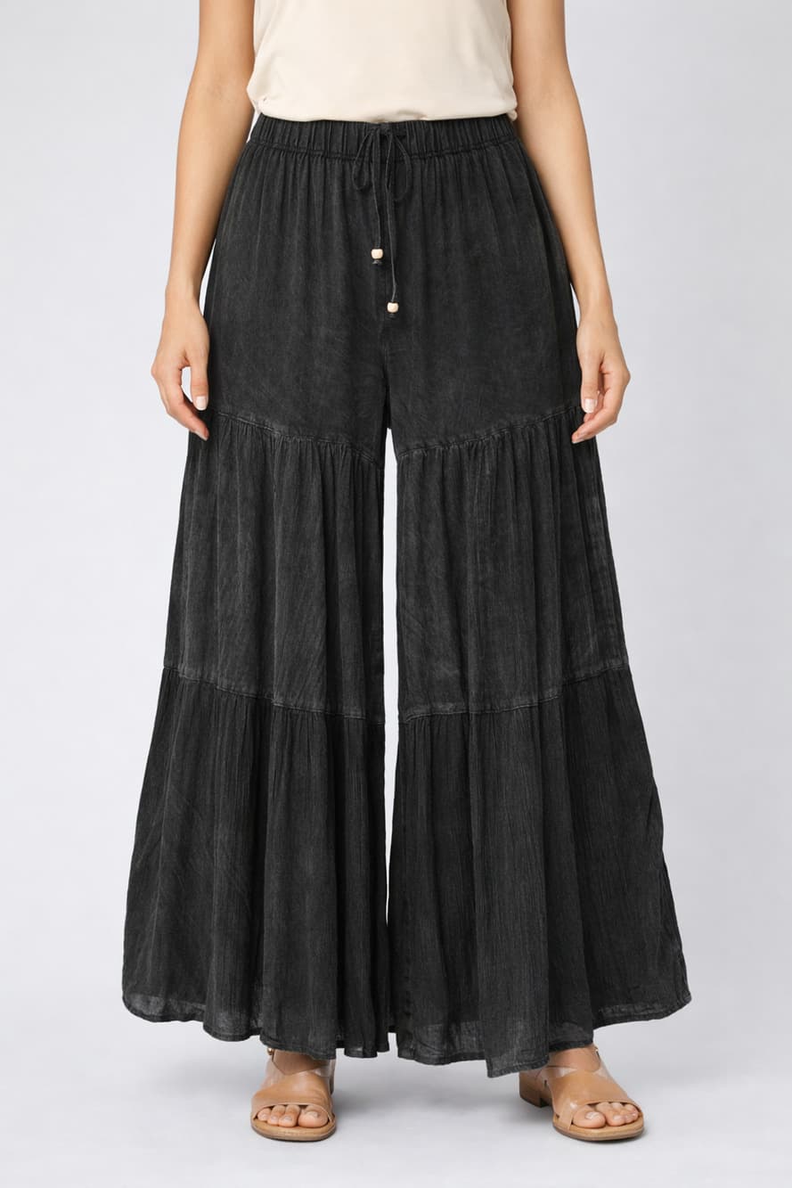 Mineral Wash Tiered Wide-Leg Palazzo Boho Pants