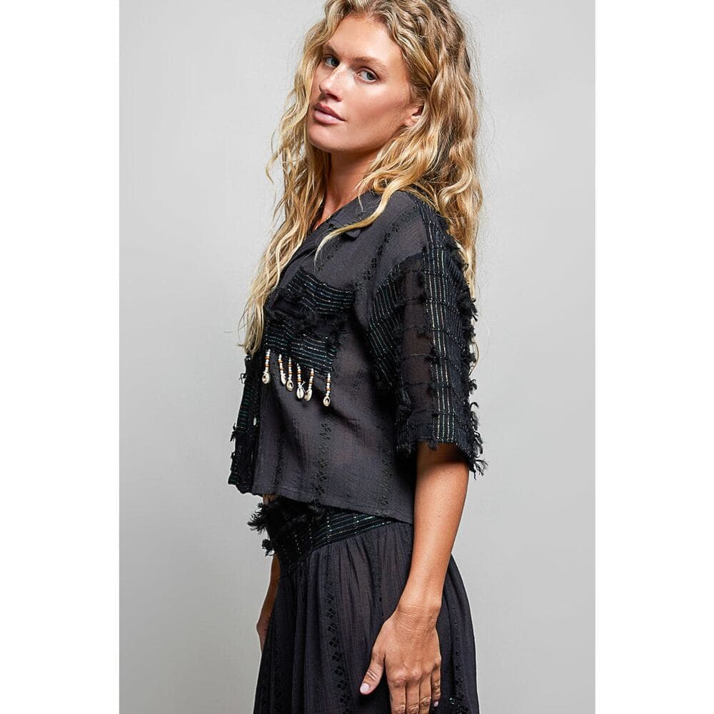POL Boho Woven Texture Fringe Shell Beads Short Shirt Top - Thumbnail 2
