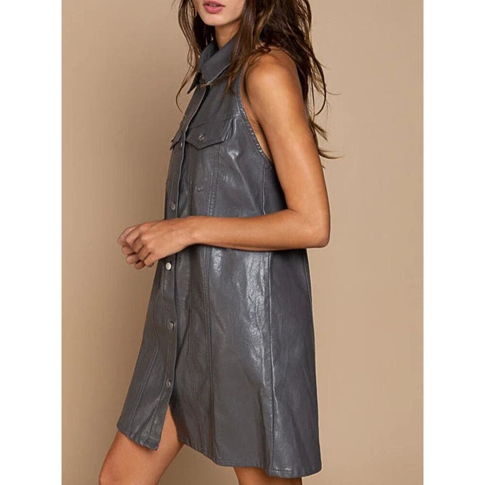 POL Gray Halter Button-Down Dress - Thumbnail 3