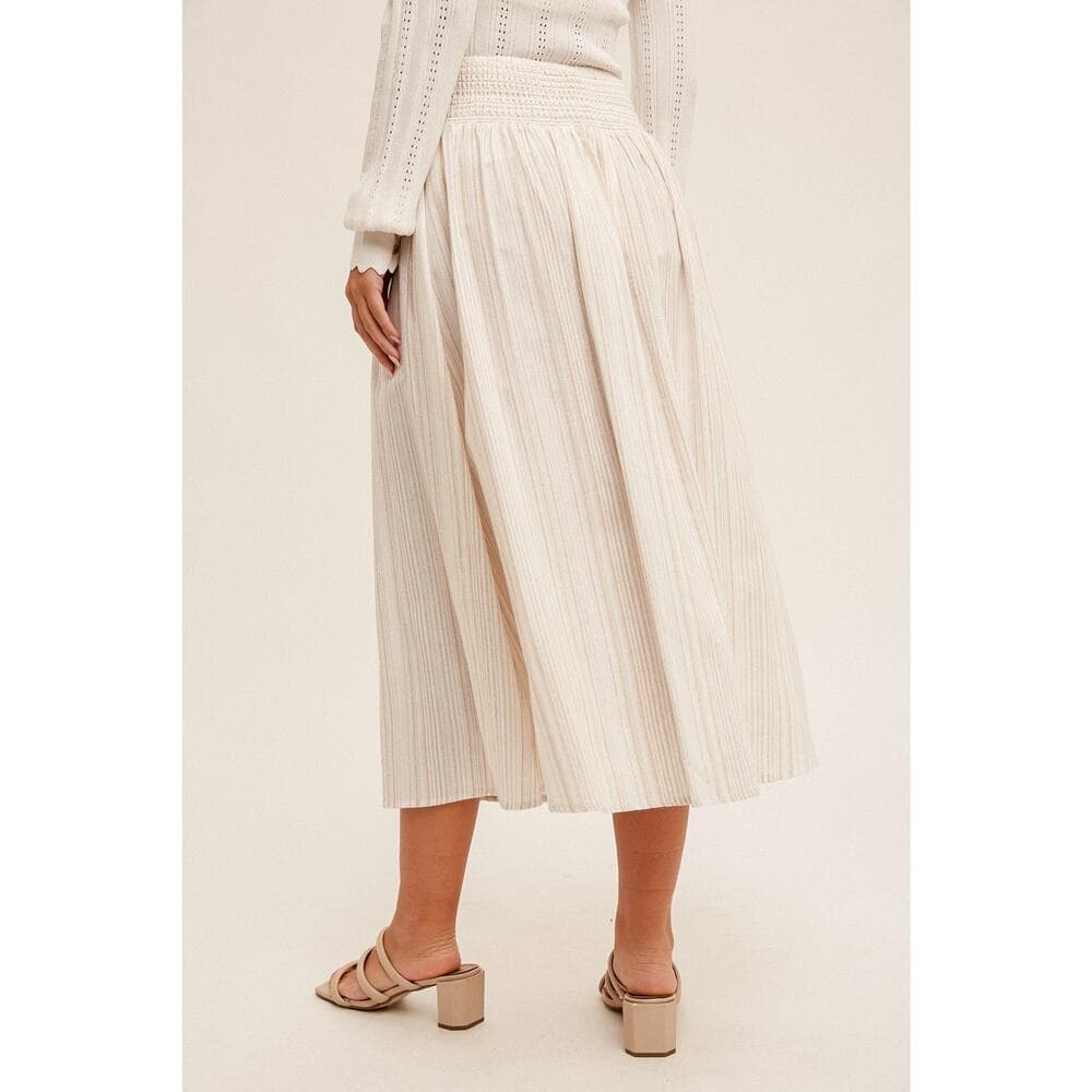 Button Front Smocked Back Multi Striped Midi Skirt - Thumbnail 2
