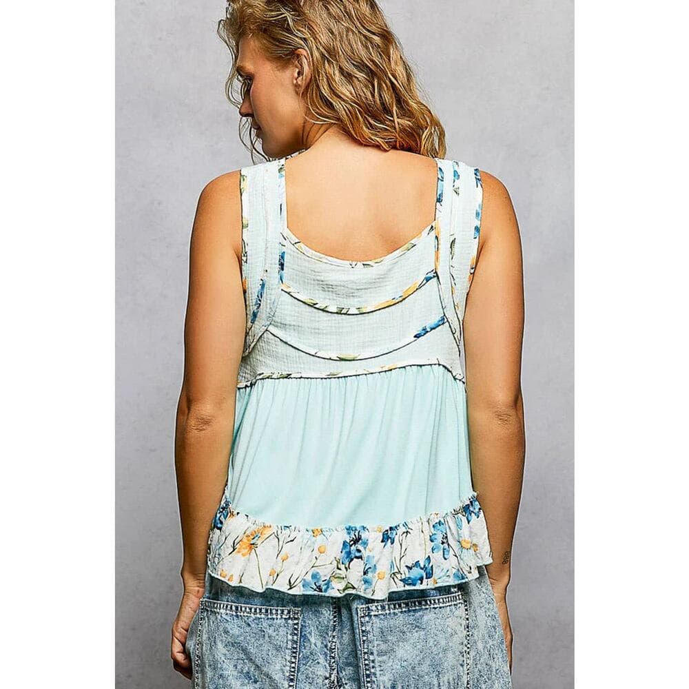POL Square Neck Jersey Floral Trim Boho Tank Top - Black - Thumbnail 6