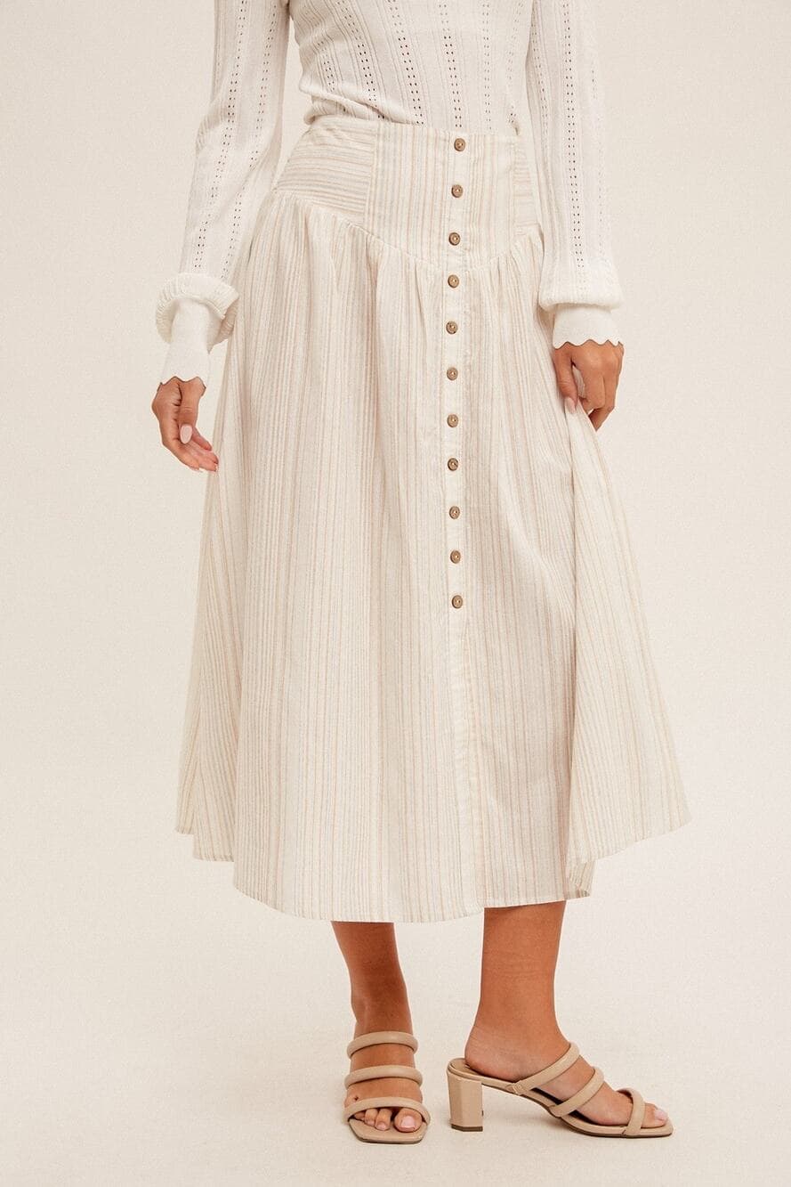Button Front Smocked Back Multi Striped Midi Skirt - Thumbnail 3