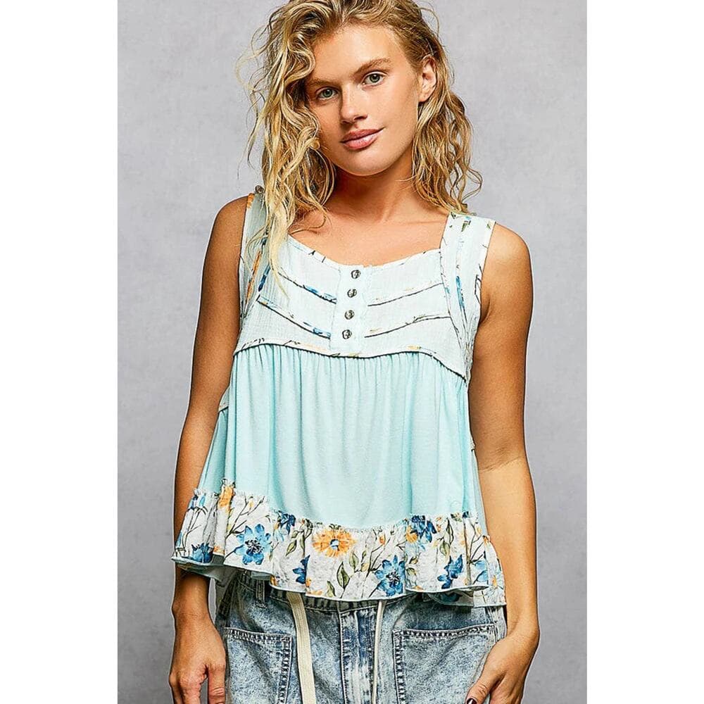 POL Square Neck Jersey Floral Trim Boho Tank Top - Black - Thumbnail 5