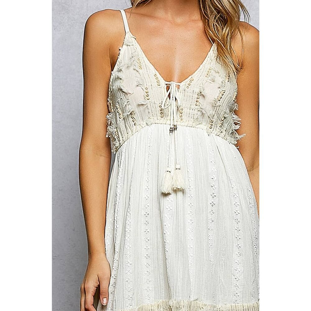 POL V-Neck Viscose Tiered Tassel Trim Wooden Bead Smocked Dress - Thumbnail 5