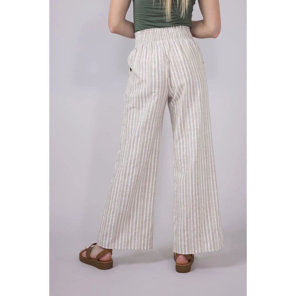 Smocked Waist Linen Wide Leg Pants for Women in Taupe - Thumbnail 2